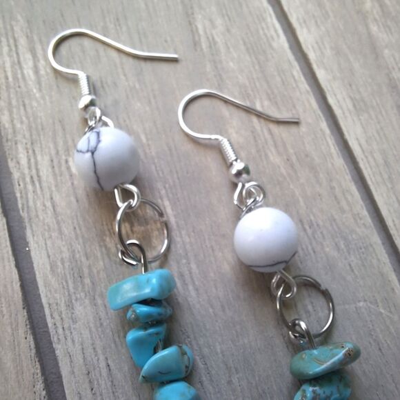 Blue and White Turquoise Silver Dangle Earrings Boho Gifts Jewelry Hippie Artsy - Picture 3 of 4